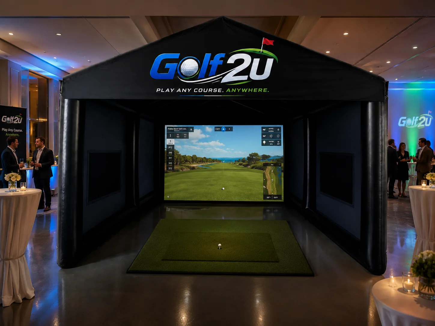 Golf 2U mobile golf simulator enclosure set up inside a corporate event venue